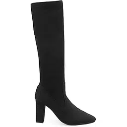 bxxy Women's 9 Cm Block High Heel Height, Faux Leather Material Black Casual Formal Slipon Sock Fit Knee-Length Boots-picture-36