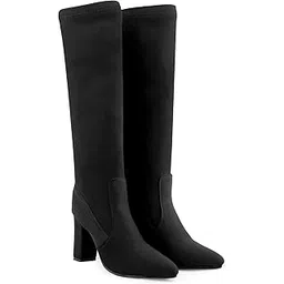 Women's 3.5 Inch Block High Heel Height, Stylish Black Casual Formal Slipon Sock Fit Knee-Length Boots-image-14