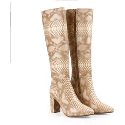 Women’s Premium Beige Faux Leather Trendy Snakeskin Knee-High Block Heel Boots Slip On For Women-image-23
