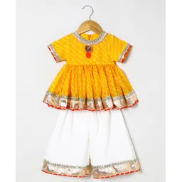 BYB Premium Cotton Woven Half Sleeves Leheriya Designed & Gota Lace Embellished Peplum Top & Palazzo Set - Yellow-picture-11