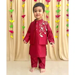 BYB Premium Silk Woven Full Sleeves Solid Kurta Pyjama With Floral Embroiderd Pearls Embellished Jacket Set - Maroon-picture-37