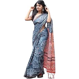 Women’s Pure Soft Cotton Saree Linen For Kalamkari Silk Sarees Latest Party Design Wear Wedding Sadi With Blouse Piece Sari South Mulmul ikkat Mul Print 2025 New (Kalamkari) (Grey)-image-39