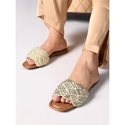 CAI Women Open Toe Gold Studded Lace Tan Flat-picture-19