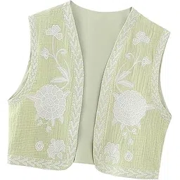 calandis ™ Women Floral Embroidery Vest Open Front Jacket Vintage Style Female Crop Top S Light Green | Womens Clothing-picture-30