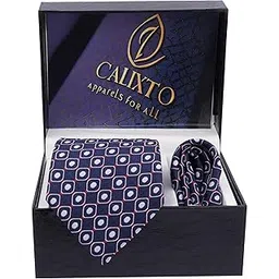 calixto Men’s Geometric Pattern Tie Set – Navy Blue Necktie & Matching Pocket Square in Gift Box – Formal Wear Set for Weddings, Business & Gifting-picture-45