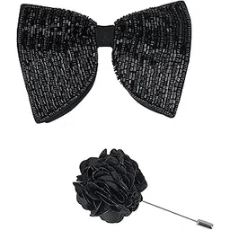Elegant Double Layer Bow Pre-Tied Bow And Lapel Pin for Men, Classic Solid Color 100% Polyester Micro Fabric Bow Tie, Adjustable Length Clip (Black bow)-image-38