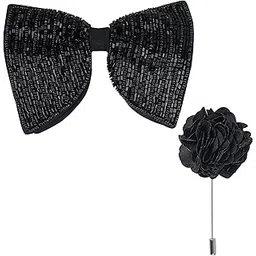 Elegant Double Layer Bow Pre-Tied Bow And Lapel Pin for Men, Classic Solid Color 100% Polyester Micro Fabric Bow Tie, Adjustable Length Clip (Black bow)-image-42