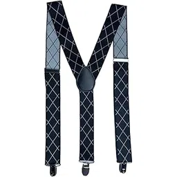 Men’s Adjustable Elastic Suspenders with White Checkered Diamond Pattern – Classic Y-Back Braces with Strong Metal Clips – Durable Stretch Fabric for Formal, Business(Black with White Grid)-image-20