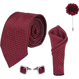 Mens Plai Micro Self, Necktie Gift Set With Pocket Square Cufflinks & Lapel Pin Formal Tie With Leatherite Box (Free Size) | (Gift Box) (Pack of 4) (Red Dotted)-image-46