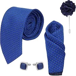Mens Royal Blue Design Dptted micro print fine Necktie Gift Set With Pocket Square, 2 pcs Cufflinks & Lapel Pin Formal Tie With (Leatherite Gift Box) (Pack of 4 pcs)-image-6