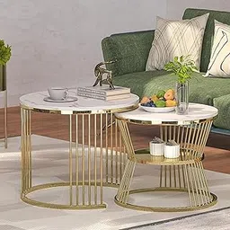 Callas Modern Nesting Coffee Table Set of 2 with Marble Finish Engineered Wood Top and Gold Metal Frame | Round Living Room Center Table for Sofa Side Home Decor (White, CT-03)-image-43