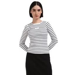 Calvin Klein Black & Bright White Striped Lyocell Striped Women's Slim Fit Sweater-picture-42