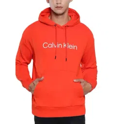 Calvin Klein Jeans Spicy Orange Cotton Comfort Fit Logo Printed Hooded Sweatshirt-image-44