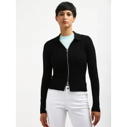 CALVIN KLEIN JEANS Black Slim Fit Polyester Spread Collar Front-Open Sweater-picture-34