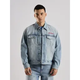 Calvin Klein Jeans Blue Cotton Comfort Fit Logo Printed Denim Jacket-picture-29