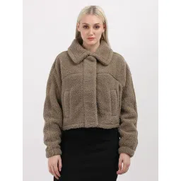 CALVIN KLEIN JEANS Brown Regular Fit Polyester Classic Collar Fur Jacket-picture-10