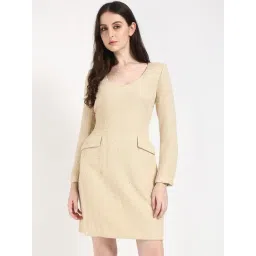 CALVIN KLEIN JEANS Cream Polyester Round Neck Sheath Dress-picture-12