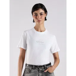 Calvin Klein Jeans Women Brand Logo Printed Round Neck Pure Cotton Regular Fit T-shirt-picture-35