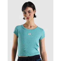 Calvin Klein Jeans Women Solid Round Neck Slim Fit Cotton T-shirt-picture-28