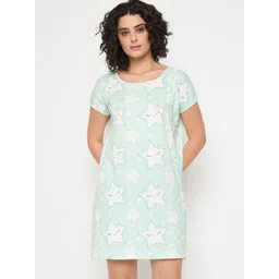 Camey Women Printed Round Neck Short Sleeves Knee Length Nightdress-picture-33