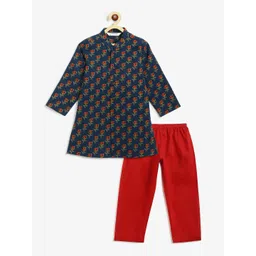 Campana Boys Floral Printed Mandarin Collar Pure Cotton Straight Kurta With Pyjamas-picture-32