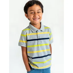 Campana Boys Grey & Yellow Striped Polo Collar Pure Cotton T-shirt-picture-21