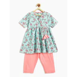 Campana Girls Floral Printed Angrakha Pure Cotton Kurti with Trousers-picture-23