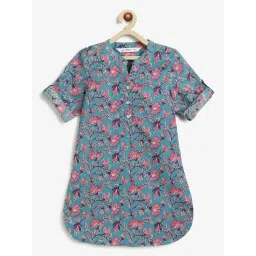 Campana Girls Teal Cotton Floral Kurta-picture-10