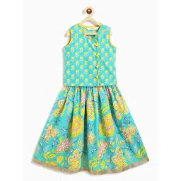 Campana Girls Turquoise and Yellow Cotton Flared Fit Lehenga Set-picture-46