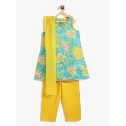 Campana Girls Turquoise and Yellow Cotton Regular Fit Kurta and Pants with Dupatta-picture-40