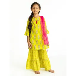 Campana Kids Lime Green & Pink Boota Block Print Kurti, Sharara & Dupatta-picture-15