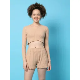 Campus Sutra Beige Cotton Crop Top With Shorts-picture-20