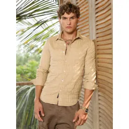 Campus Sutra Beige Poly Spandex Regular Fit Textured Shirt-picture-48