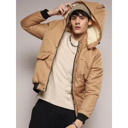 Campus Sutra Beige Self Design Hooded Windcheater Puffer Jacket-picture-32