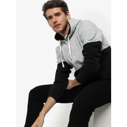 Campus Sutra Black & Grey Cotton Regular Fit Colour-Block Hooded Sweatshirt-picture-39