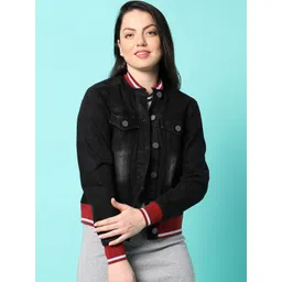 Campus Sutra Black Washed Windcheater Crop Denim Jacket-picture-21