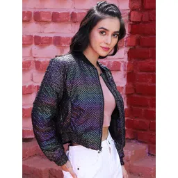 Campus Sutra Black Windcheater Geometric Printed Mock Collar Bomber Jacket-picture-18