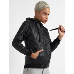 Campus Sutra Black Windcheater Long Sleeves Outdoor Hooded Quilted Jacket image 3