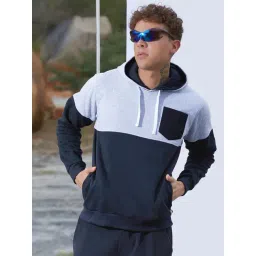 Campus Sutra Blue & Grey Cotton Regular Fit Colour Block Hooded Sweatshirt-picture-31