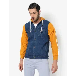 Campus Sutra Blue & Yellow Cotton Regular Fit Colour Block Hooded Jacket-picture-22