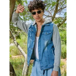 Campus Sutra Blue Cotton Regular Fit Colour Block Hooded Jacket-picture-18