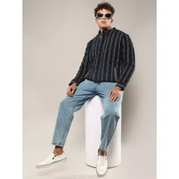 Campus Sutra Blue Cotton Regular Fit Striped Jacket image 4