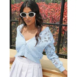 Campus Sutra Blue Self Designed Windcheater Crop Tailored Jacket-picture-32