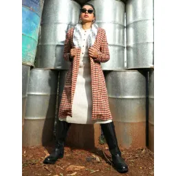 Campus Sutra Brown Chequered Long Jacket-picture-36