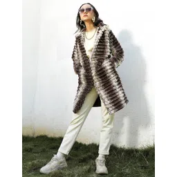 Campus Sutra Brown Textured Spread Collar Single Breasted Long Overcoat-picture-18