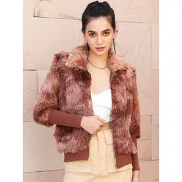 Campus Sutra Brown Windcheater Faux Fur Trim Detailed Tailored Jacket-picture-17