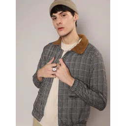 Campus Sutra Checked Windcheater Faux Fur Trim Cotton Tailored Jacket-picture-18