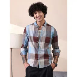 Campus Sutra Chocolate Brown Powder Blue Buffalo-Block Regular Shirt-picture-37