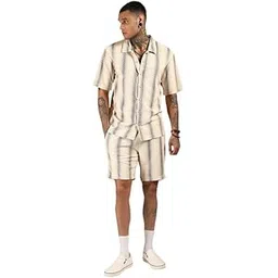 campus sutra Cotton Blend Men's Ivory White & Midnight Black Texture-Striped Co-Ord Set For Casual Wear|Spread Collar|Short Sleeve|Button Closure|Crafted With Comfort Fit For Everyday Wear,Beige-picture-47