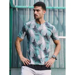 Campus Sutra Forest Green Charcoal Black Blur-Imprint Activewear T-Shirt-picture-40